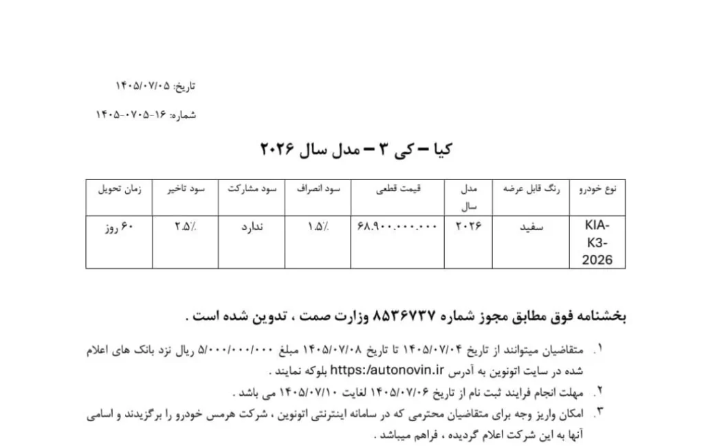 تصویری از رابط کاربری سامانه اتونوین با نمایش اطلاعات مربوط به خودروی کیا K3